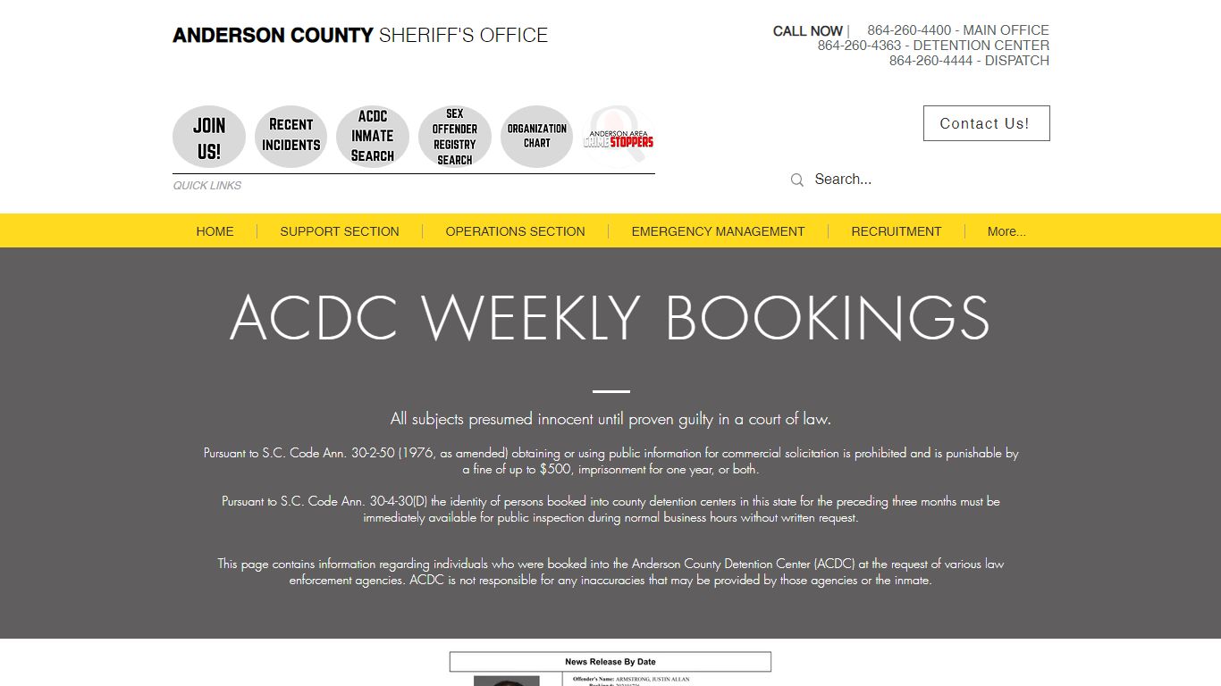WEEKLY BOOKINGS | Anderson County Sheriff ... - South Carolina